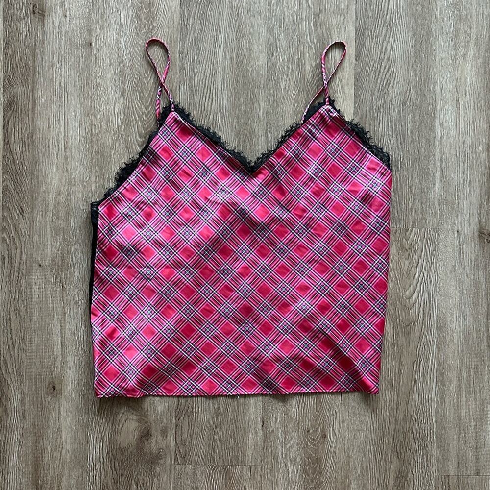 Victoria’s Secret Lace Trim Satin Cami & Shorts Sleep Set Red Plaid Size XL